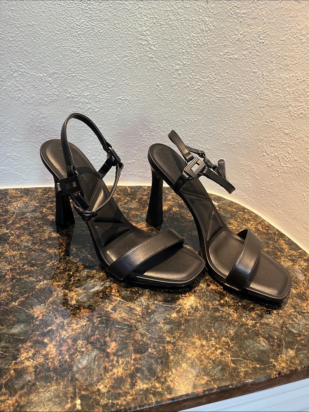 Karl Lagerfeld Black Strappy Square-Toe High Heel Sandals